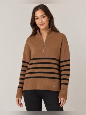 NWT DKNY Brown Striped Quarter Zip Turtleneck Sweater Medium